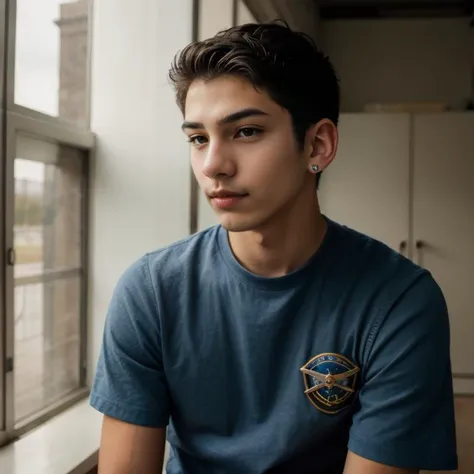 Candid photo of dg_Luis, 18yo boy, (short hair), skin imperfections, expressive, chill atmosphere, <lora:dg_Luis_v1:0.8>, 
portrait, analog style, masterpiece, short hair, casual, 
futuristic mage uniform, space station