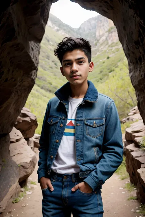 selfie 18yo slim dg_Luis boy, slim, (jacket, jeans), incredulous, in a cave <lora:dg_Luis_v1:0.8>,