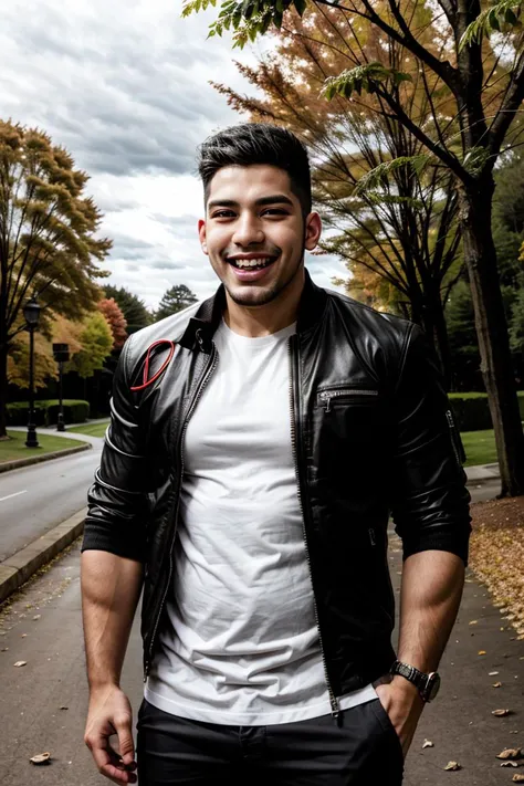 candid photograph, dg_Miguel <lora:dg_Miguel_v1:0.8> 26yo man, stubble, , homoerotic, detailed realistic face, jacket, t-shirt, pants, autumn, laughing,