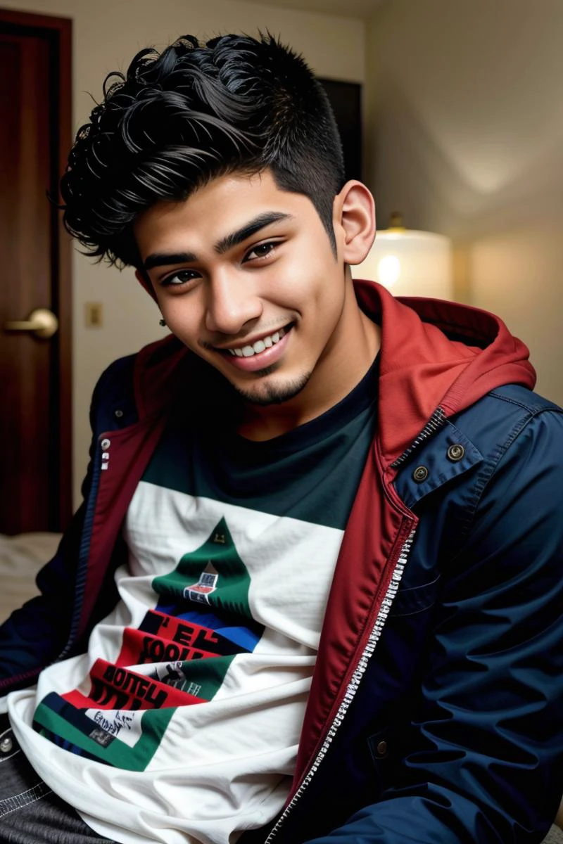 candid photograph, dg_Luis <lora:dg_Luis_v1:0.8> 18yo 1boy, stubble, , homoerotic, detailed realistic face, jacket, t-shirt, pants, autumn, laughing,