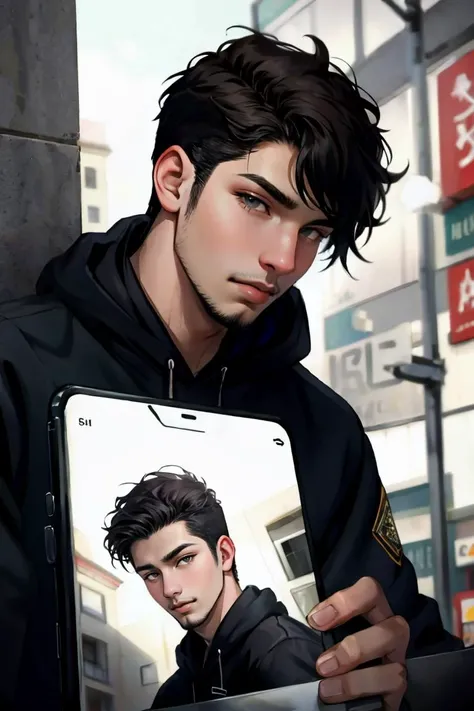 candid photograph, slender dg_Luis <lora:dg_Luis_v1:0.8> 18yo 1boy, stubble, , homoerotic, detailed realistic face,  anarchist, black hoodie, riot,
