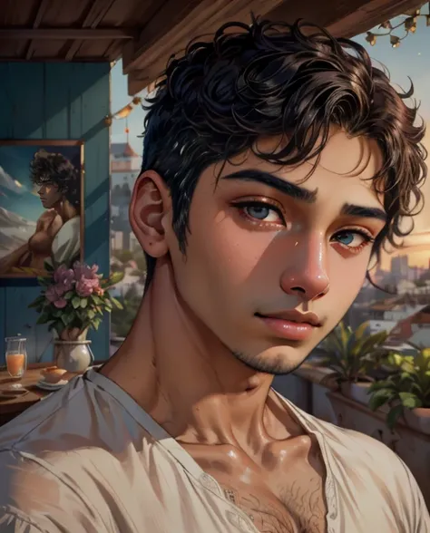 <lora:dg_Luis_v1:1> dg_Luis, beautiful and detailed illustration, pop art, masterpiece, best quality, ultra-detailed, soft lighting, cinematic shot, vibrant colors, gorgeous colors, <lora:add_detail:0.3>, <lora:stylesqueeze_v2:0.5>, Latino in his early 20s, nerdy, insecure, thick chest hair peeking out of his shirt, kkw-detailMe-v1.0, latin lover,, (Cinematic photograph :1.3), UHD, 4k, ultra detailed, epic, inspiring, beautiful lighting, artistic composition, at Twilight, (large format photography:1.3), firstdate outfit, sienna skin, (face portrait:1.3), skin fade haircut, romantic rooftop restaurant at twilight, (sexy, hot, attractive:1.3), (max detail, 4k uhd:1.3)