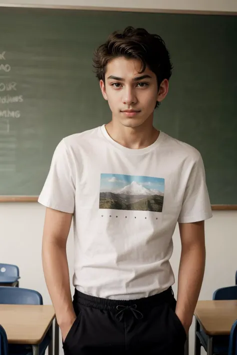 Candid photo of dg_Luis, 18yo boy, (short hair), skin imperfections, expressive, chill atmosphere, <lora:dg_Luis_v1:0.8>, 
portrait, analog style, masterpiece, short hair, casual, 
classroom, shirt, pants,