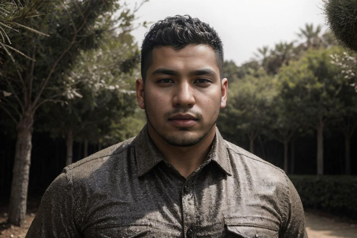 (photo RAW), Candid ((portrait)) photograph of a 28yo dg_Miguel man, defensive, short hair, plump, eyes, stubble,masterpiece, top quality, best quality, official art,intricate detailed,highest detailed,depth of field,bokeh,realistic natural lighting,complex, 4k HDR, dusty atmospheric haze, high quality textures of materials, volumetric textures, coating textures, ((shirt)), <lora:dg_Miguel_v1:0.8>