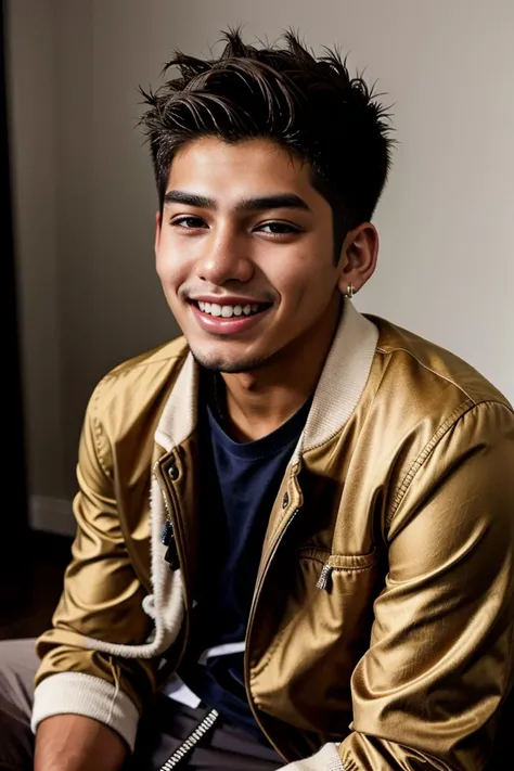 NSFW candid photograph, dg_Luis <lora:dg_Luis_v1:0.8> 18yo 1boy, stubble, , homoerotic, detailed realistic face, jacket, pants, autumn, laughing,