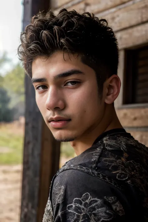 (photo RAW), Candid ((portrait)) photograph of a 18yo dg_Luis boy, ï»¿, short hair, slender, eyes, stubble,masterpiece, top quality, best quality, official art,intricate detailed,highest detailed,depth of field,bokeh,realistic natural lighting,complex, 4k HDR, dusty atmospheric haze, high quality textures of materials, volumetric textures, coating textures, metal textures, shirt,   <lora:dg_Luis_v1:0.8>