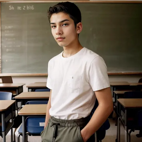 Candid photo of dg_Luis, 18yo boy, (short hair), skin imperfections, expressive, chill atmosphere, <lora:dg_Luis_v1:0.8>,
portrait, analog style, masterpiece, short hair, casual,
classroom, shirt, pants,