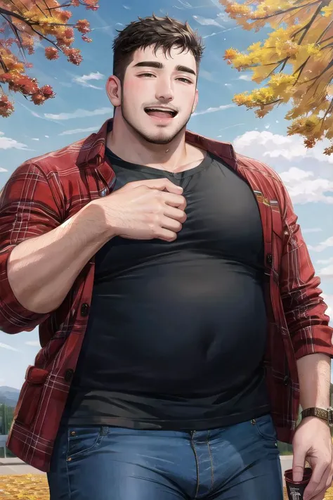 candid photograph, plump dg_Miguel <lora:dg_Miguel_v1:0.8> 26yo man, stubble, , homoerotic, detailed realistic face, jacket, t-shirt, pants, autumn, laughing,