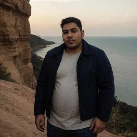 portrait 26yo dg_Miguel man, plump, jacket, jeans, stubble, depressed, on a cliff <lora:dg_Miguel_v1:0.8>,