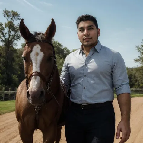 dynamic angle 26yo dg_Miguel man, plump, dress shirt, dress pants, stubble, ravenous, riding a horse <lora:dg_Miguel_v1:0.8>,