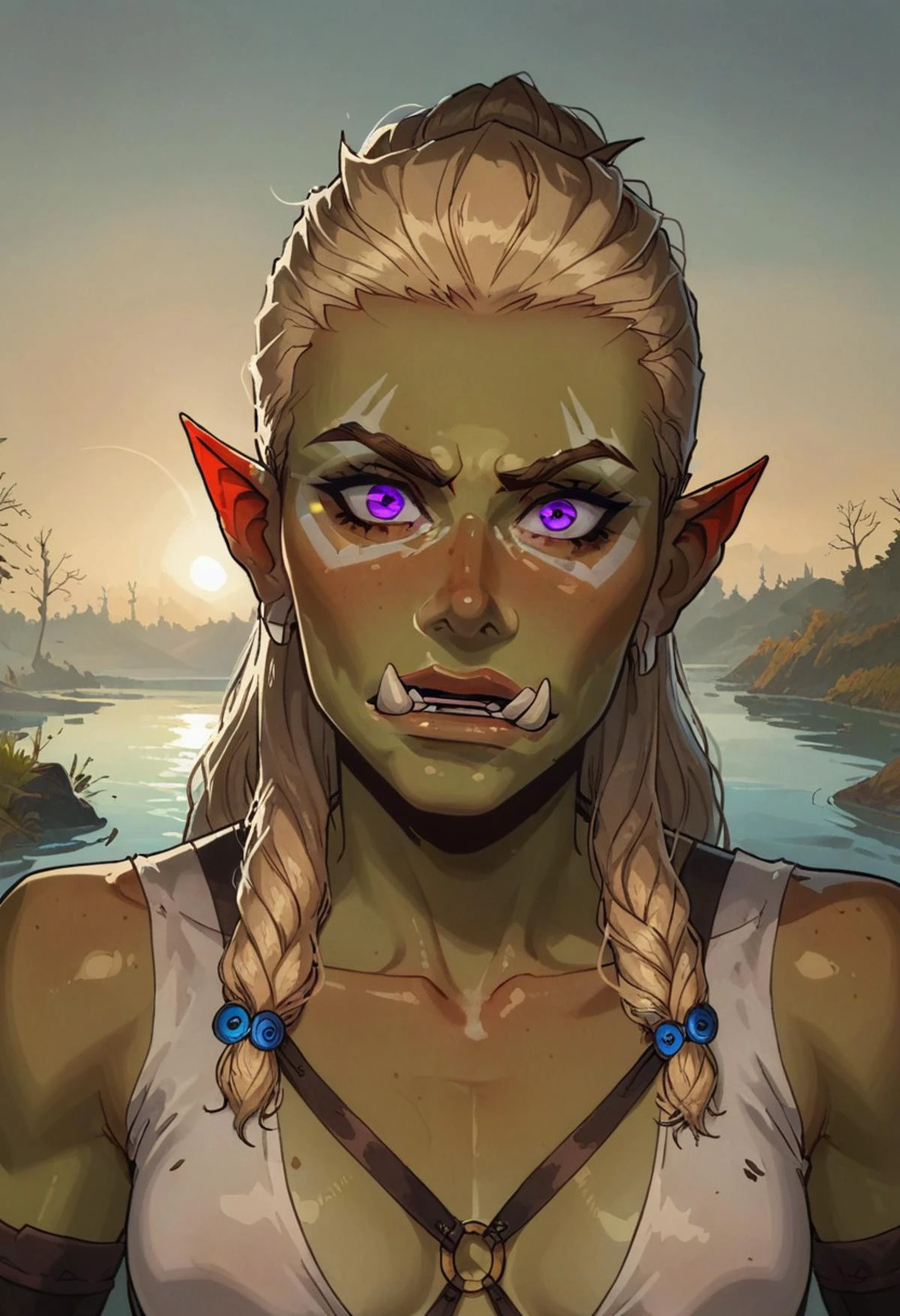 score_9, score_8_up, score_8,
BREAK rating_safe, a (( Orc )) female, working as shaman, wooden mask to cover their face , green skin, purple eyes, blonde, wearing shaman robes and a mustache, mystic gaze, ,looking at viewer, ,((portrait)),river in the background, , in style of vox machine, ((thick line style)),(((contour, contoured, thick outlines))), slender, small breasts,
, (dynamic lighting:1.1),((masterpiece)),<lora:Concept Art 2 Style LoRA_Pony XL v6:0.5> , <lora:VoxMachinaPony200:0.5> , <lora:incase_style_v3-1_ponyxl_ilff:0.7> , <lora:sinfully_stylish_PONY_0.2:0.3>