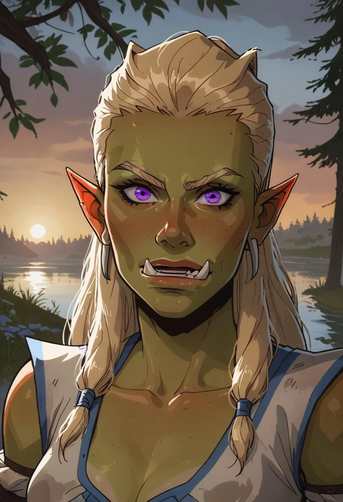 score_9, score_8_up, score_8,
BREAK rating_safe, a (( Orc )) female, working as shaman, wooden mask to cover their face , green skin, purple eyes, blonde, wearing shaman robes and a mustache, mystic gaze, ,looking at viewer, ,((portrait)),river in the background, , in style of vox machine, ((thick line style)),(((contour, contoured, thick outlines))), slender, small breasts,
, (dynamic lighting:1.1),((masterpiece)),<lora:Concept Art 2 Style LoRA_Pony XL v6:0.3> , <lora:VoxMachinaPony200:0.5> , <lora:incase_style_v3-1_ponyxl_ilff:0.7> , <lora:sinfully_stylish_PONY_0.2:0.3>