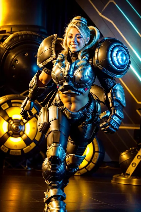 Analog style, AlexaBliss wearing a big bulky futuristic armor <lora:ParrleyFLEX:1> <lora:add_detail:1> <lora:epiNoiseoffset_v2:1>,running on battlefront scene