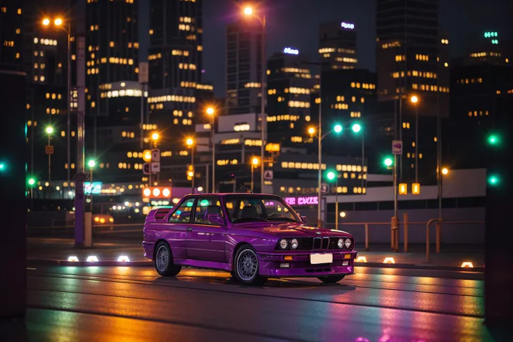 purple BMW E30 car in a neon city, <lora:bmwe30:0.75>,high quality photograph,sharp focus,bokeh,ligthing effects, <lora:epiNoiseoffset_v2:1>,