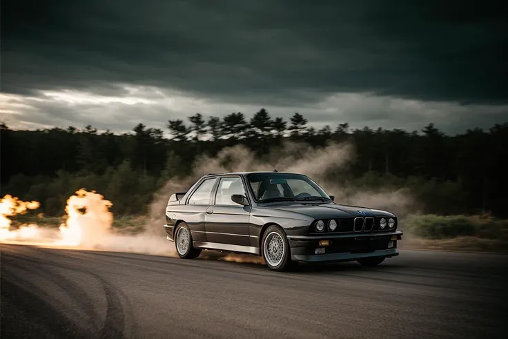 a BMW E30 car rolling in a battlefield, action scene, <lora:bmwe30:0.75>,analog style,high quality picture