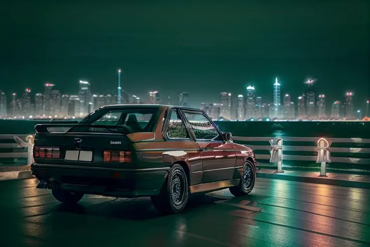 BMW E30 car in a neon city, <lora:bmwe30:0.75>,high quality photograph,sharp focus, <lora:retrowave_0.12:0.75>,bokeh,ligthing effects