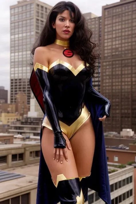 superwoman (mary batson) standing on a rooftop, <lora:superwoman_(mary_batson):0.98>, hyperdetailed realistic skin, superhero bodysuit, long curly black hair, fit body, beautiful face, <lora:add_detail:1>,film grain