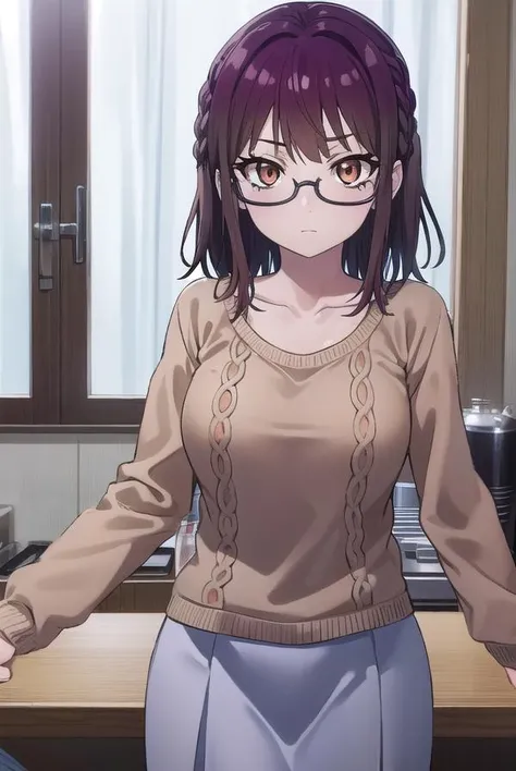 sumikafujimiya, <lora:sumika fujimiya s1-lora-nochekaiser:1>,
sumika fujimiya, (brown eyes:1.5), purple hair, braid, glasses, semi-rimless eyewear, under-rim eyewear,
BREAK sweater, long sleeves, collarbone, skirt, purple skirt,
BREAK indoors,
BREAK looking at viewer, (cowboy shot:1.5),
BREAK <lyco:GoodHands-beta2:1>, (masterpiece:1.2), best quality, high resolution, unity 8k wallpaper, (illustration:0.8), (beautiful detailed eyes:1.6), extremely detailed face, perfect lighting, extremely detailed CG, (perfect hands, perfect anatomy),