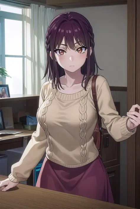 sumikafujimiya, <lora:sumika fujimiya s1-lora-nochekaiser:1>,
sumika fujimiya, (brown eyes:1.5), purple hair, braid, glasses, semi-rimless eyewear, under-rim eyewear,
BREAK sweater, long sleeves, collarbone, skirt, purple skirt,
BREAK indoors,
BREAK looking at viewer, (cowboy shot:1.5),
BREAK <lyco:GoodHands-beta2:1>, (masterpiece:1.2), best quality, high resolution, unity 8k wallpaper, (illustration:0.8), (beautiful detailed eyes:1.6), extremely detailed face, perfect lighting, extremely detailed CG, (perfect hands, perfect anatomy),