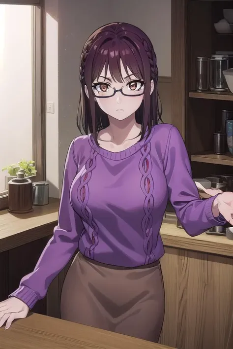 sumikafujimiya, <lora:sumika fujimiya s1-lora-nochekaiser:1>,
sumika fujimiya, (brown eyes:1.5), purple hair, braid, glasses, semi-rimless eyewear, under-rim eyewear,
BREAK sweater, long sleeves, collarbone, skirt, purple skirt,
BREAK indoors,
BREAK looking at viewer, (cowboy shot:1.5),
BREAK <lyco:GoodHands-beta2:1>, (masterpiece:1.2), best quality, high resolution, unity 8k wallpaper, (illustration:0.8), (beautiful detailed eyes:1.6), extremely detailed face, perfect lighting, extremely detailed CG, (perfect hands, perfect anatomy),