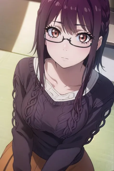 sumikafujimiya, <lora:sumika fujimiya s1-lora-nochekaiser:1>,
sumika fujimiya, (brown eyes:1.5), purple hair, braid, glasses, semi-rimless eyewear, under-rim eyewear,
BREAK sweater, long sleeves, collarbone, skirt, purple skirt,
BREAK indoors,
BREAK looking at viewer, (cowboy shot:1.5),
BREAK <lyco:GoodHands-beta2:1>, (masterpiece:1.2), best quality, high resolution, unity 8k wallpaper, (illustration:0.8), (beautiful detailed eyes:1.6), extremely detailed face, perfect lighting, extremely detailed CG, (perfect hands, perfect anatomy),