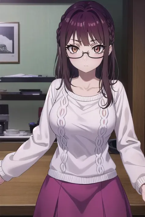 sumikafujimiya, <lora:sumika fujimiya s1-lora-nochekaiser:1>,
sumika fujimiya, (brown eyes:1.5), purple hair, braid, glasses, semi-rimless eyewear, under-rim eyewear,
BREAK sweater, long sleeves, collarbone, skirt, purple skirt,
BREAK indoors,
BREAK looking at viewer, (cowboy shot:1.5),
BREAK <lyco:GoodHands-beta2:1>, (masterpiece:1.2), best quality, high resolution, unity 8k wallpaper, (illustration:0.8), (beautiful detailed eyes:1.6), extremely detailed face, perfect lighting, extremely detailed CG, (perfect hands, perfect anatomy),