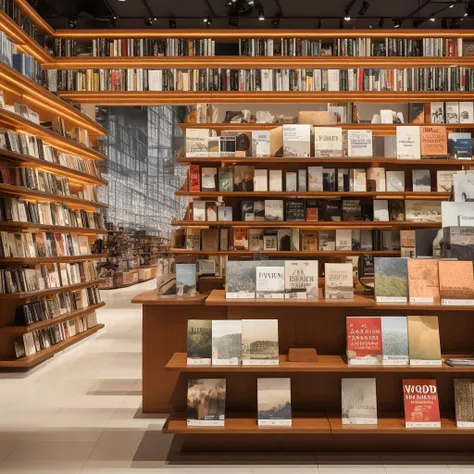ohwx, wood bookshop interior in a high end department store, in the style of the stars art group (xing xing), album, folio and fan formats, sleek metallic finish, vray tracing, contemporary ceramics, leica m10, birds-eye-view