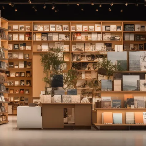ohwx, wood bookshop interior in a high end department store, in the style of the stars art group (xing xing), album, folio and fan formats, sleek metallic finish, vray tracing, contemporary ceramics, leica m10, birds-eye-view