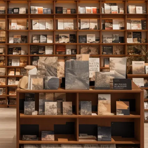 ohwx, wood bookshop interior in a high end department store, in the style of the stars art group (xing xing), album, folio and fan formats, sleek metallic finish, vray tracing, contemporary ceramics, leica m10, birds-eye-view