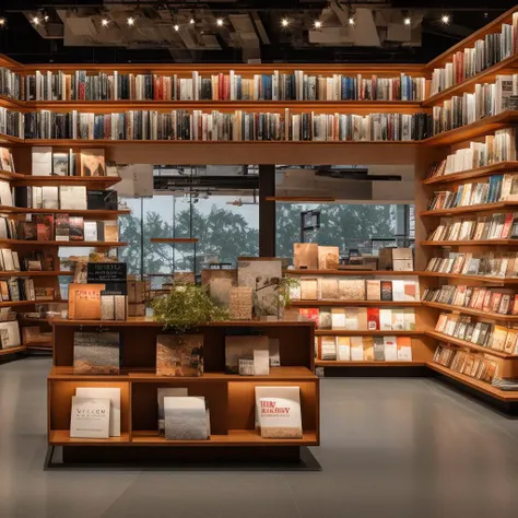 ohwx, wood bookshop interior in a high end department store, in the style of the stars art group (xing xing), album, folio and fan formats, sleek metallic finish, vray tracing, contemporary ceramics, leica m10, birds-eye-view