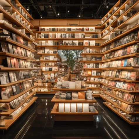 ohwx, wood bookshop interior in a high end department store, in the style of the stars art group (xing xing), album, folio and fan formats, sleek metallic finish, vray tracing, contemporary ceramics, leica m10, birds-eye-view