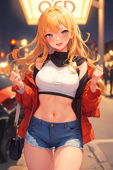 <lora:runse1:0.9>,1girl,(best quality, masterpiece),1girl,ginger blonde long hair,smiling,blurry background,crop top,ripped short jeans,night,street,