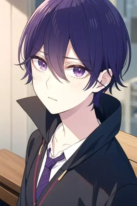 masterpiece, best quality, sketch, 1boy, solo, male focus, looking at viewer, , depth of field, , , <lora:yuusuke_nisaka:0.70>, yuusuke_nisaka, purple hair, purple eyes, , , ,