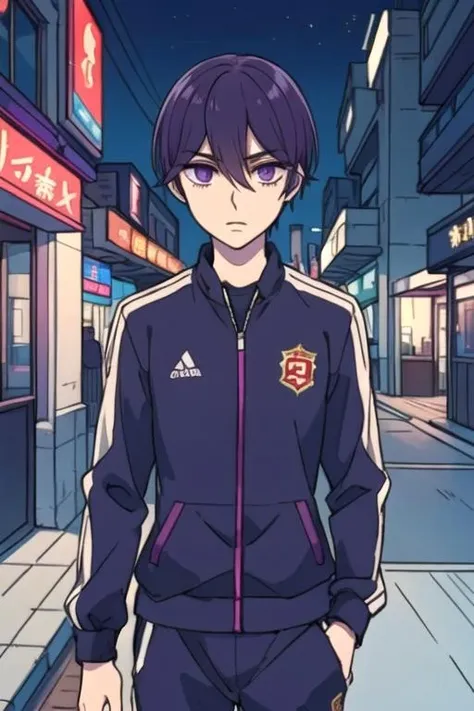 masterpiece, best quality, sketch, 1boy, solo, male focus, looking at viewer, , depth of field, , , <lora:yuusuke_nisaka:0.70>, yuusuke_nisaka, purple hair, purple eyes, tracksuit, , new wave science fiction,