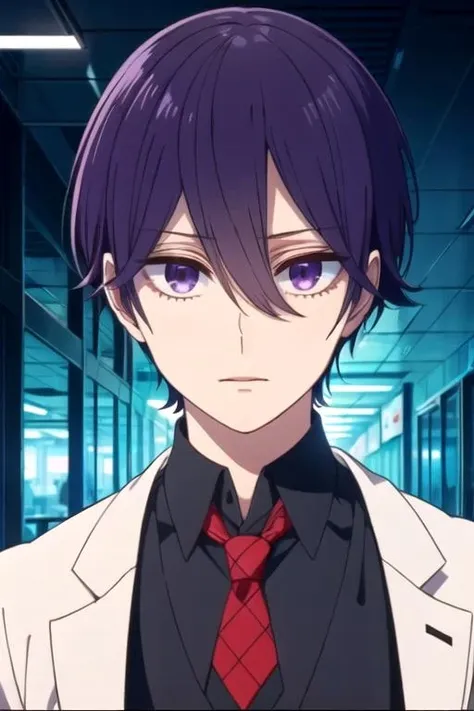 masterpiece, best quality, wallpaper, 1boy, solo, male focus, looking at viewer, upper body, depth of field, anime coloring, , <lora:yuusuke_nisaka:0.74>, yuusuke_nisaka, purple hair, purple eyes, , science fiction cyber-horror,