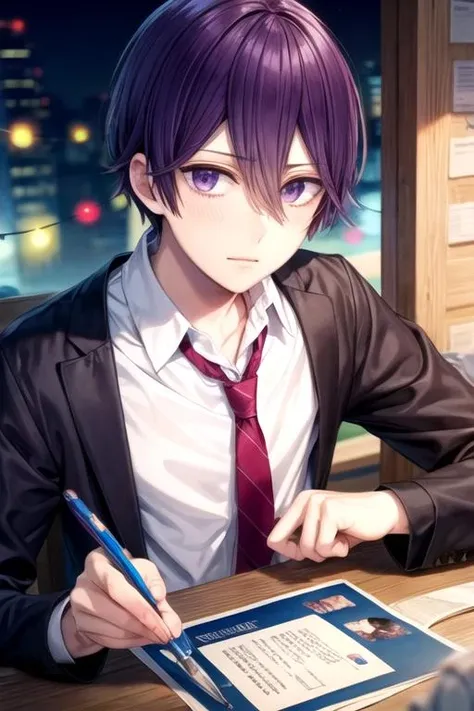 masterpiece, best quality, illustration, 1boy, solo, male focus, looking at viewer, , , (watercolor illustration, soft pastel colors:1.1), , <lora:yuusuke_nisaka:0.70>, yuusuke_nisaka, purple hair, purple eyes, denim shirt, , ,