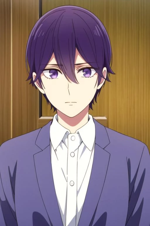 masterpiece, best quality, illustration, 1boy, solo, male focus, looking at viewer, , depth of field, (watercolor illustration, soft pastel colors:1.1), realistic, <lora:yuusuke_nisaka:0.68>, yuusuke_nisaka, purple hair, purple eyes