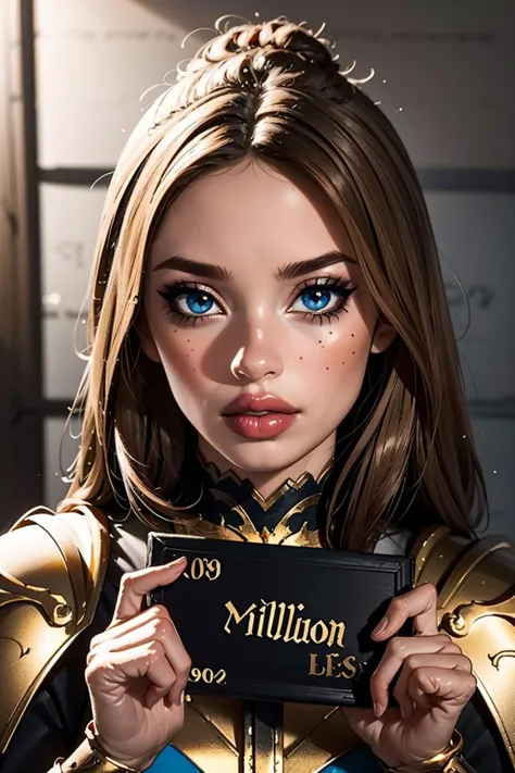 bratz, <lora:bratz3-01:0.5>, lips, large breasts, beautiful, makeup, mascara, lip gloss, perfect eyes, long eyelashes, long blonde hair, edgGolden, dressed in golden armor, wearing edgGolden, <lora:edgNadiaGolden:0.8>, masterpiece, best quality, wide-angle, Hyperdetailed, masterpiece, best quality, 8k, shiny, glow, (bloom), concept_barbie_mugshot_ownwaifu, drop_shadow,height_mark, height_chart, nameplate, (holding sign that says "1 million":1.4), letterboxed, looking at viewer, meme, mugshot, <lora:barbie_mugshot_ownwaifu-10:1>
