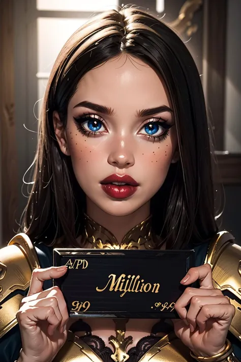 bratz, <lora:bratz3-01:0.5>, lips, large breasts, beautiful, makeup, mascara, lip gloss, perfect eyes, long eyelashes, long blonde hair, edgGolden, dressed in golden armor, wearing edgGolden, <lora:edgNadiaGolden:0.8>, masterpiece, best quality, wide-angle, Hyperdetailed, masterpiece, best quality, 8k, shiny, glow, (bloom), concept_barbie_mugshot_ownwaifu, drop_shadow,height_mark, height_chart, nameplate, (holding sign that says "1 million":1.4), letterboxed, looking at viewer, meme, mugshot, <lora:barbie_mugshot_ownwaifu-10:1>