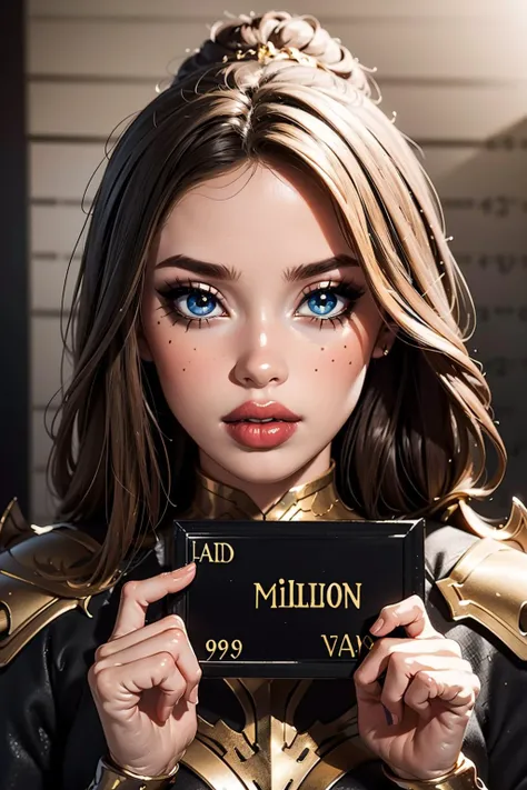bratz, <lora:bratz3-01:0.5>, lips, large breasts, beautiful, makeup, mascara, lip gloss, perfect eyes, long eyelashes, long blonde hair, edgGolden, dressed in golden armor, wearing edgGolden, <lora:edgNadiaGolden:0.8>, masterpiece, best quality, wide-angle, Hyperdetailed, masterpiece, best quality, 8k, shiny, glow, (bloom), concept_barbie_mugshot_ownwaifu, drop_shadow,height_mark, height_chart, nameplate, (holding sign that says "1 million":1.4), letterboxed, looking at viewer, meme, mugshot, <lora:barbie_mugshot_ownwaifu-10:1>