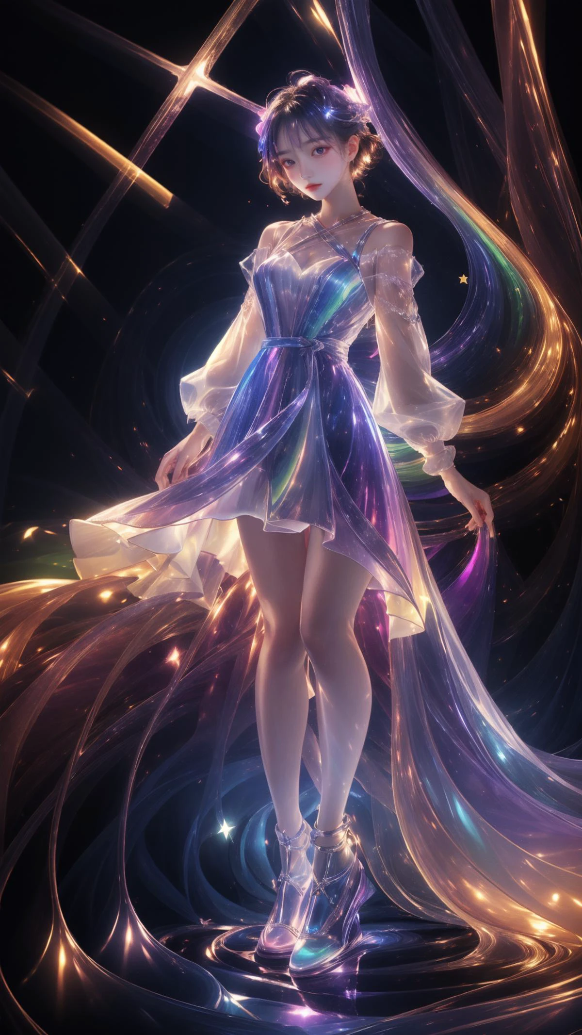 masterpiece, best quality,highres, 1girlï¼stars in the eyes, opalescence dress, white dress, holographic plastic, liuli2,chromatic dispersion, coloured glaze, Polychromatic prism effect, iridescence, glowing light, <lora:fantastic coloured glaze_20230910110835:0.6>, <lora:liuli2:0.7>, full body