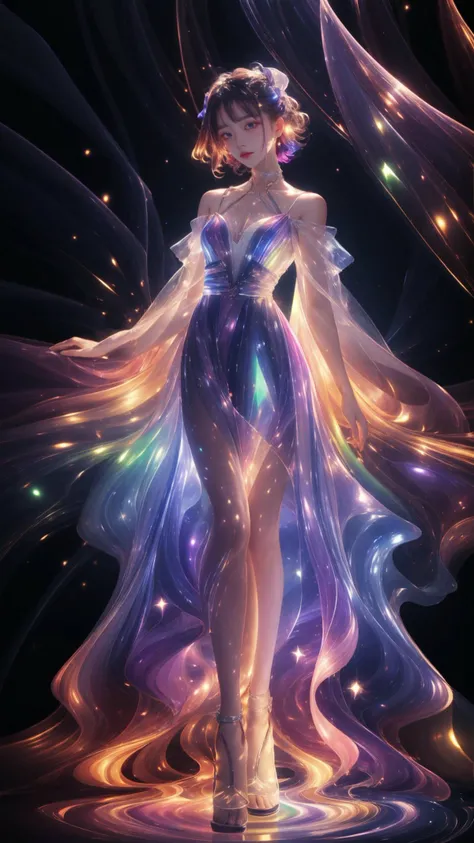 masterpiece, best quality,highres, 1girlï¼stars in the eyes, opalescence dress, white dress, holographic plastic, liuli2,chromatic dispersion, coloured glaze, Polychromatic prism effect, iridescence, glowing light, <lora:fantastic coloured glaze_20230910110835:0.6>, <lora:liuli2:0.7>, full body