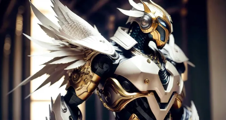 (half body photo:1.6),solo,On the right side,(8k, RAW photo, best quality, masterpiece), (realistic, photo-realistic), 8k wallpaper, masterpiece,Cinematic Lighting, best quality,dramatic angle,pwide shot,(from side:1.05)
1mecha (mjstyle), (robot:1.4), no humans,huge mecha, science fiction,white background,no humans, white,fighting stance,
(porcelain (materials):1.5), (metal(materials):1.4), <lora:mechaMjstyle_v10:0.7>,wings,