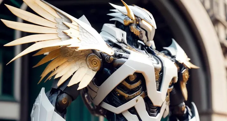 (half body photo:1.6),solo,On the right side,(8k, RAW photo, best quality, masterpiece), (realistic, photo-realistic), 8k wallpaper, masterpiece,Cinematic Lighting, best quality,dramatic angle,from below,pwide shot,(from side:1.05)
1mecha (mjstyle), robot, no humans,huge mecha, science fiction,white background,no humans, day,blue,white,fighting stance,
[((porcelain (materials)):0.7):1], [((metal(materials)):0.7):1], <lora:mechaMjstyle_v10:0.65>,wings,