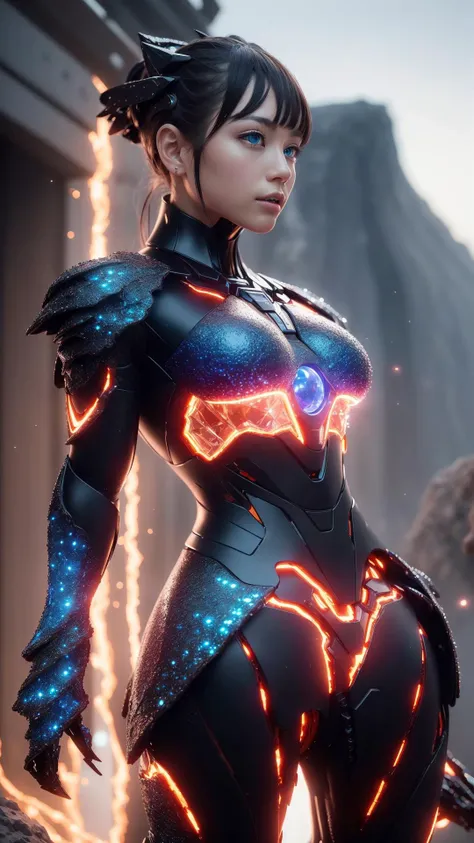 (8k, best quality, masterpiece:1.2), (realistic, photo-realistic:1.37), ultra-detailed, <lora:mechaMjstyle_v10:0.3>,  <lora:russianDollLikeness_v3:0.15>,   
1 girl,  mecha \(mjstyle\),[(colorful, crystal\\\(materials\\\)):0.7):1],robot, solo, science fiction, mecha musume, 
volcano, lava, energy sphere, light particles,