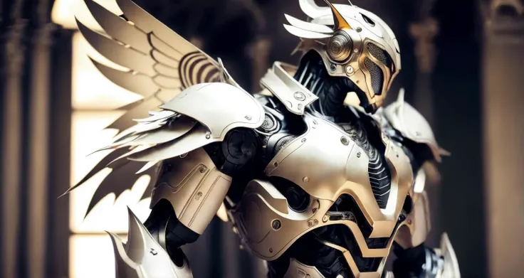 (half body photo:1.6),solo,On the right side,(8k, RAW photo, best quality, masterpiece), (realistic, photo-realistic), 8k wallpaper, masterpiece,Cinematic Lighting, best quality,dramatic angle,pwide shot,(from side:1.05)
1mecha (mjstyle), (robot:1.5), no humans,huge mecha, science fiction,white background,no humans, white,fighting stance,
(porcelain (materials):1.5), (metal(materials):1.4), <lora:mechaMjstyle_v10:0.7>,wings,