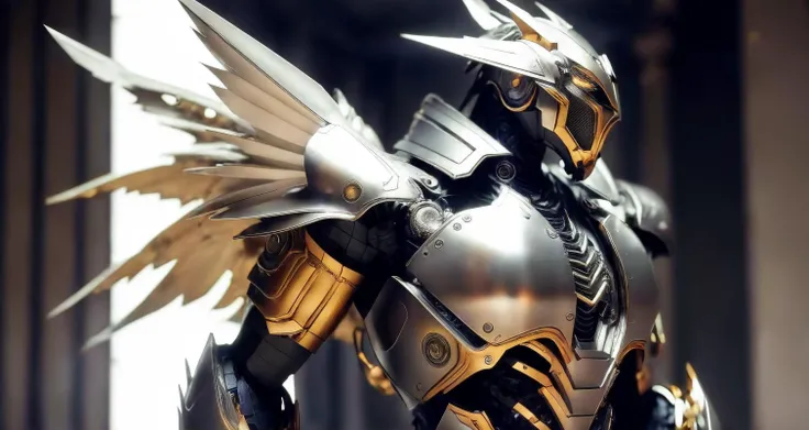 (half body photo:1.6),solo,On the right side,(8k, RAW photo, best quality, masterpiece), (realistic, photo-realistic), 8k wallpaper, masterpiece,Cinematic Lighting, best quality,dramatic angle,pwide shot,(from side:1.05)
1mecha (mjstyle), (robot:1.4), no humans,huge mecha, science fiction,white background,no humans, white,fighting stance,
(porcelain (materials):1.5), ((metal(materials):1.7), <lora:mechaMjstyle_v10:0.65>,wings,