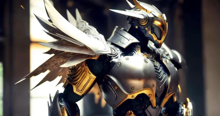 (half body photo:1.6),solo,On the right side,(8k, RAW photo, best quality, masterpiece), (realistic, photo-realistic), 8k wallpaper, masterpiece,Cinematic Lighting, best quality,dramatic angle,pwide shot,(from side:1.05)
1mecha (mjstyle), (robot:1.4), no humans,huge mecha, science fiction,white background,no humans, white,fighting stance,
(porcelain (materials):1.5), ((metal(materials):1.7), <lora:mechaMjstyle_v10:0.7>,wings,