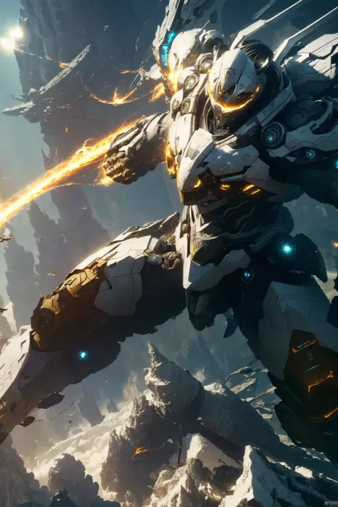 1robot flying , glowing eyes, glowing armor, white mecha \(mjstyle\) ,zhongfenghua, wings ((cinematic lighting, high key, high contrast, )) (reflective , hard surface, omit details, ) smoke, fire, explosions,energy beams
dynamic angle, dynamic pose , weapon, (photorealistic:1.5) depth of field, sunny sky, strong sunlight, lens glare,
official art, unity 8k wallpaper, ultra detailed, beautiful and aesthetic, realistic, (fractal art), epic scene, highres, (masterpiece), (best quality), pov from above
<lora:mecha(mjstyle):0.3> <lora:zhongfenghuaxiyou-000018:0.7> <lora:epiNoiseoffset_v2:1>