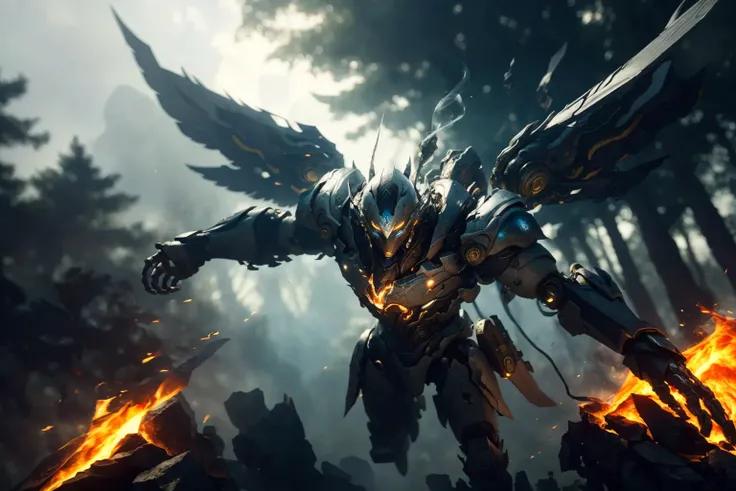 1robot flying , glowing eyes, glowing armor, white mecha \(mjstyle\) zhongfenghua, wings(high key, dark shadow, high contrast,  reflective  , hard surface, omit details, ) smoke, fire, explosions 
masterpiece, high quality, dynamic angle, dynamic pose , weapon,   (photorealistic:1.5) depth of field,  sky, forest 
<lora:mecha(mjstyle):0.3>  <lora:zhongfenghuaxiyou-000018:0.6>  <lora:epiNoiseoffset_v2:1>